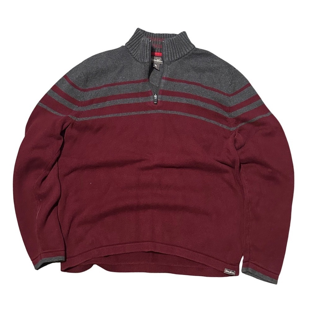 Eddie Bauer Mens 1/4 Zip Sweater Burgundy Gray‎ Stripe Knit Pullover Large